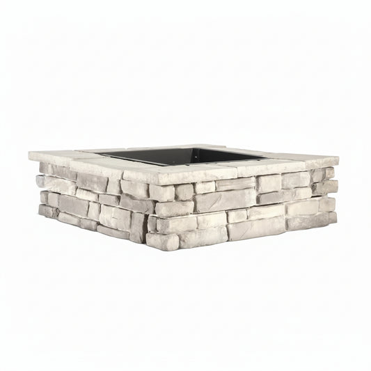 28 In. X 14 In. Steel Wood Random Stone Gray Square Fire Pit