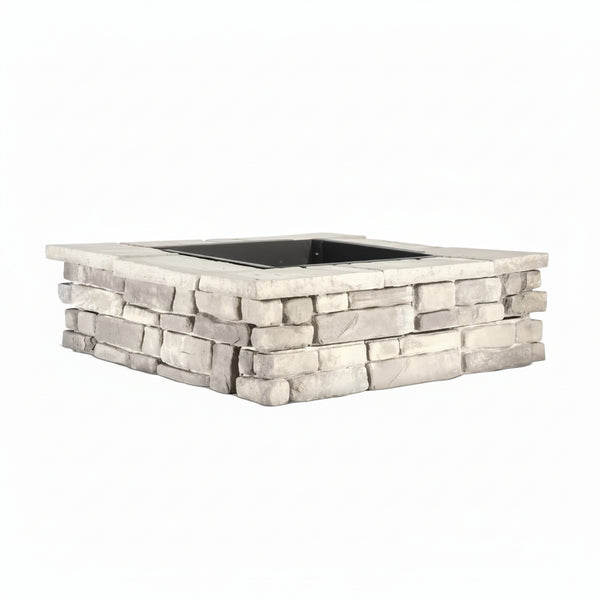 28 In. X 14 In. Steel Wood Random Stone Gray Square Fire Pit