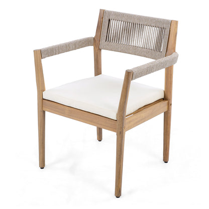raided Acacia Outdoor Dining Chair Set of 4 — Teak Look with Beige Rope & Cream Cushions