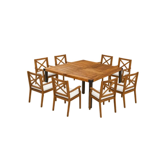 Acacia Wood Outdoor Patio Dining Set with 64" Square Table & X‑Back Armchairs 9‑Piece