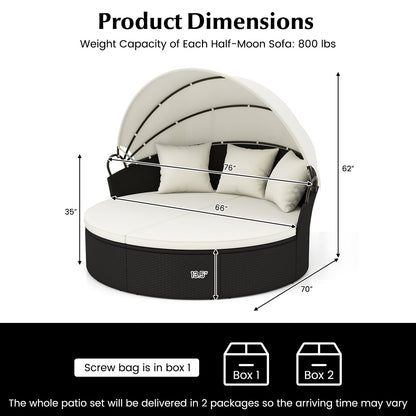 Clamshell Patio Round Daybed Wicker with Retractable Canopy and Pillows