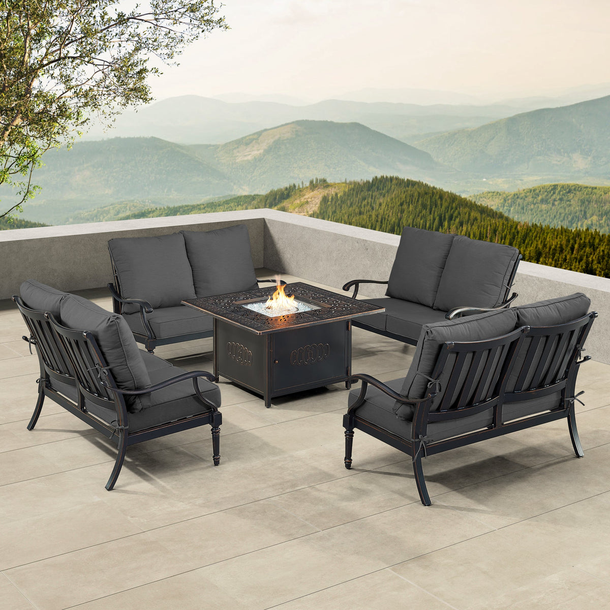 Black Aluminum Fire Table Set with Four Deep Seating Loveseats