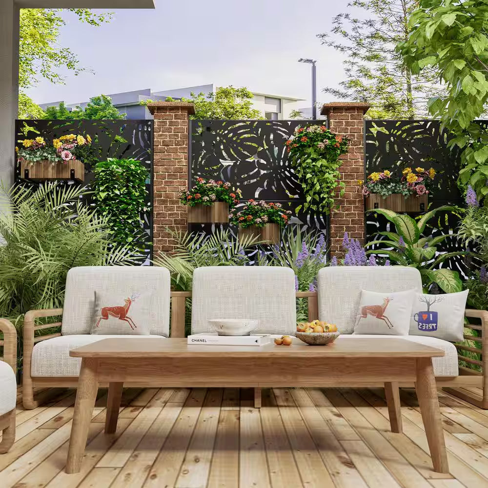 72 In.H X 47 In.W Galvanized Metal Wall Sculptures Privacy Screens Garden Outdoor Fence Summer in Black