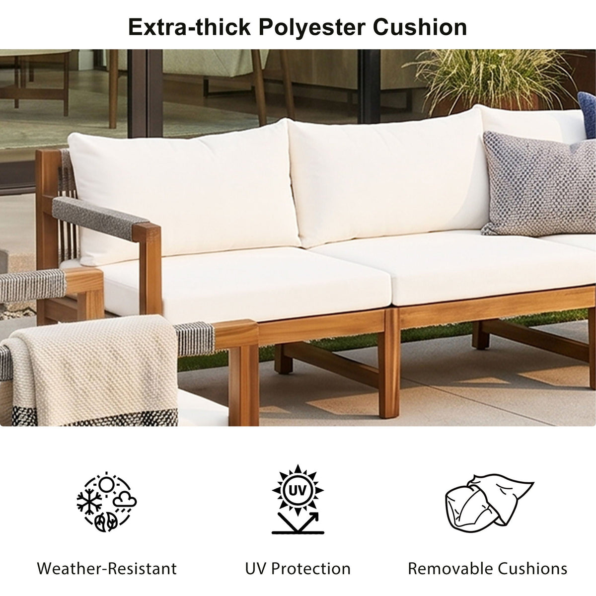 Acacia Wood Outdoor Modular Seating Set with Rope Accents & Water‑Resistant Cushions – 3‑Piece