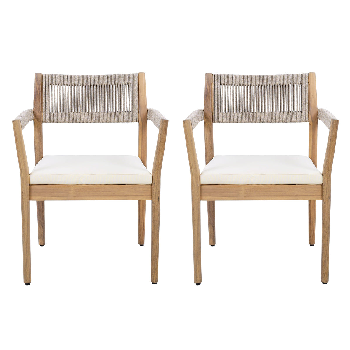 raided Acacia Outdoor Dining Chair Set of 4 — Teak Look with Beige Rope & Cream Cushions