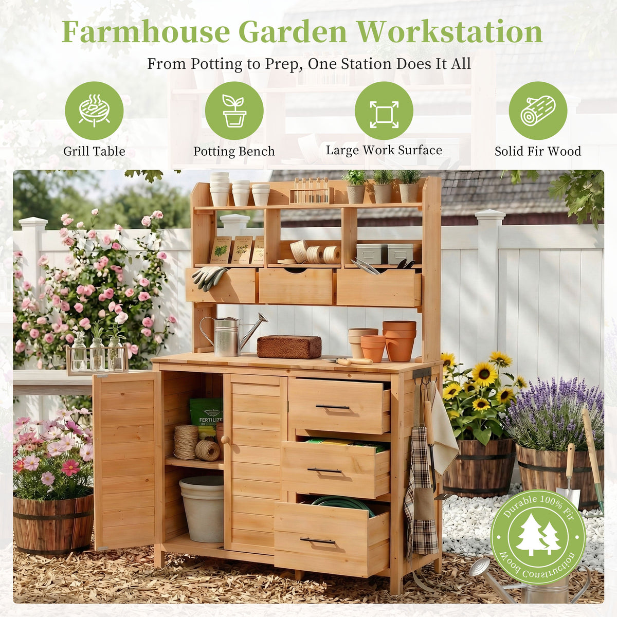 TOPMAX 65" Farmhouse Wooden Garden Potting Bench – 6 Drawers, Storage Cabinet & Adjustable Shelf