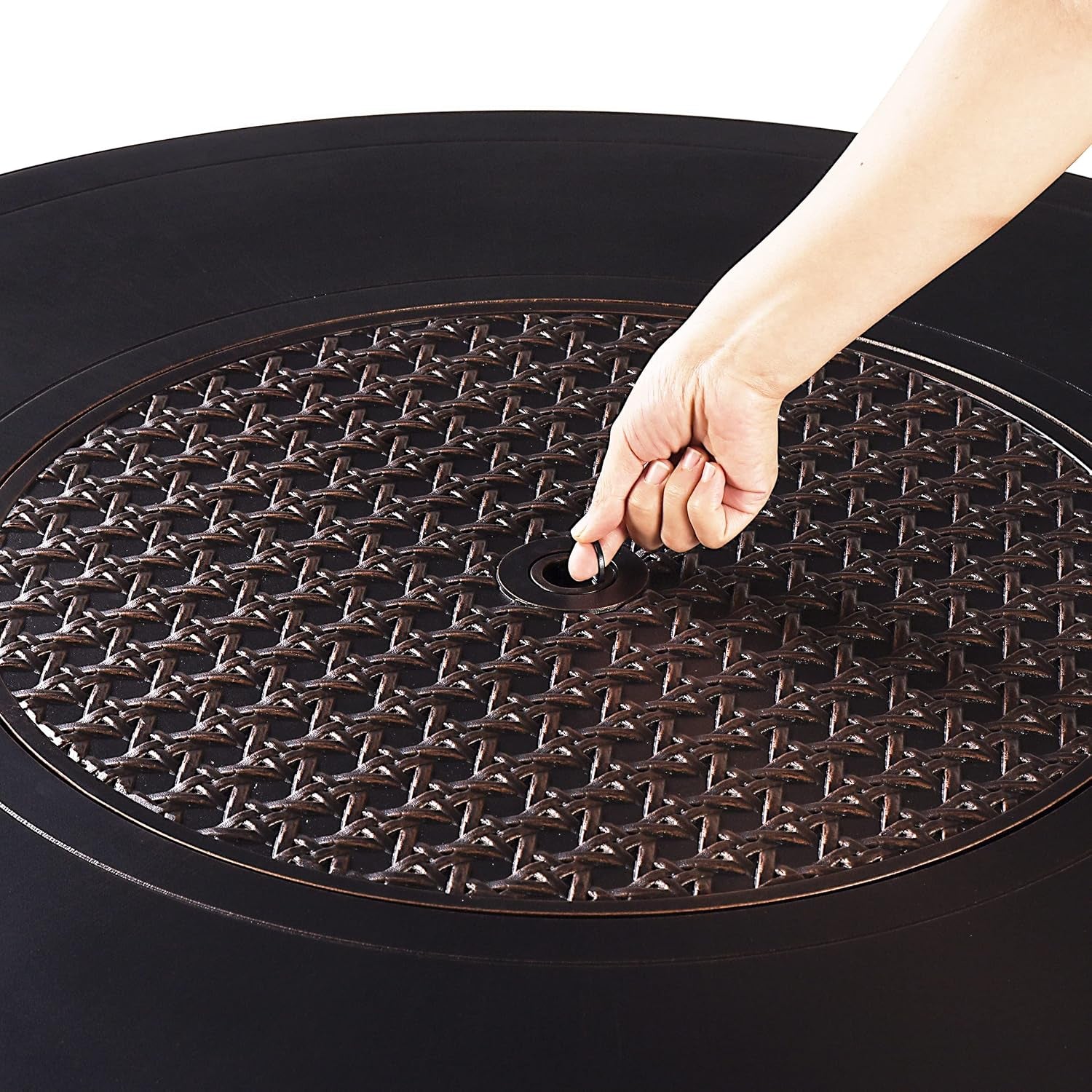 round 44 In. X 44 In. Aluminum Propane Fire Pit Table with Glass Beads, Two Covers, Lid, 57,000 Btus in Copper Finish