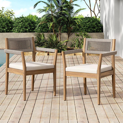 raided Acacia Outdoor Dining Chair Set of 4 — Teak Look with Beige Rope & Cream Cushions
