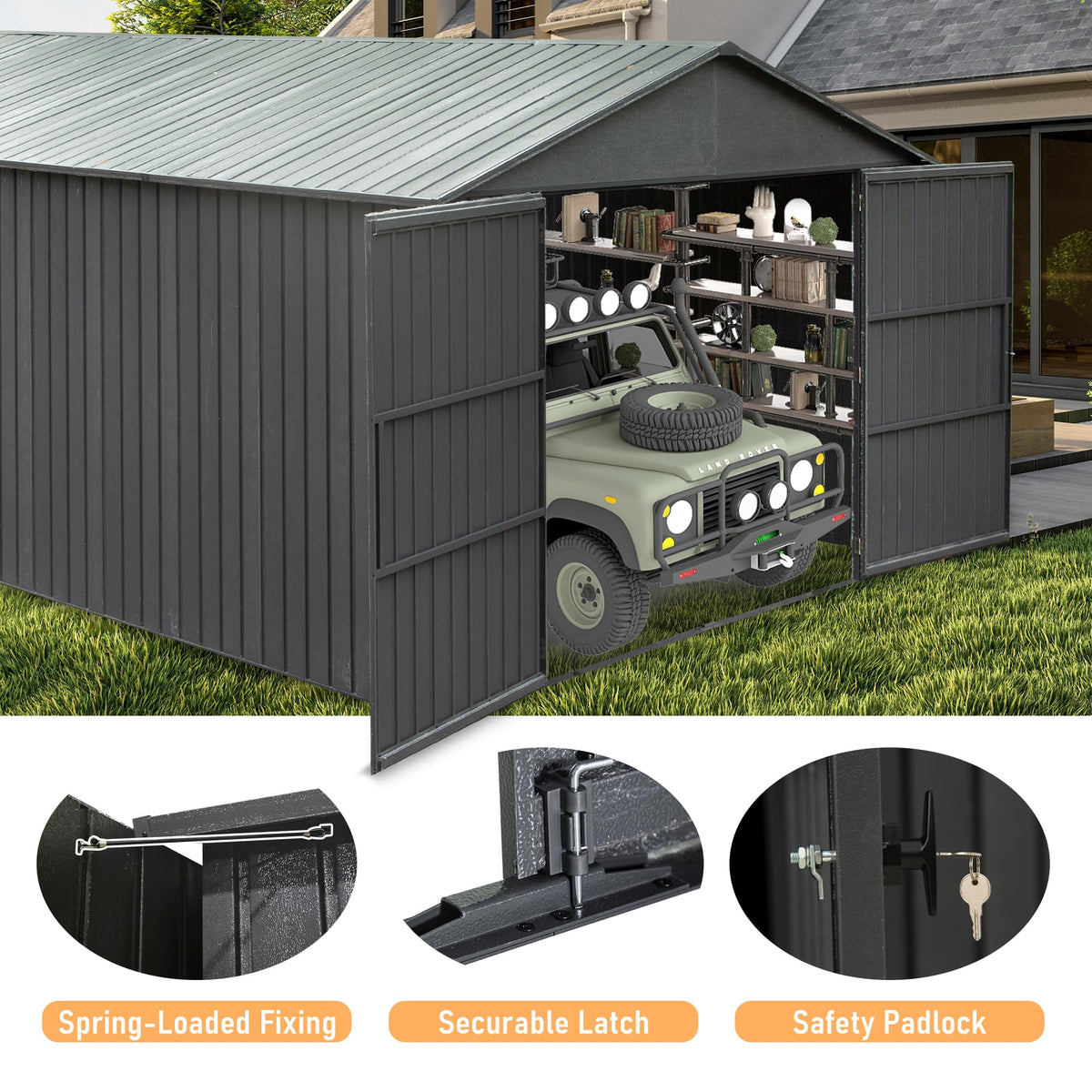 12x20ft Outdoor Metal Garage Shed with Lockable Double Doors - Dark Gray