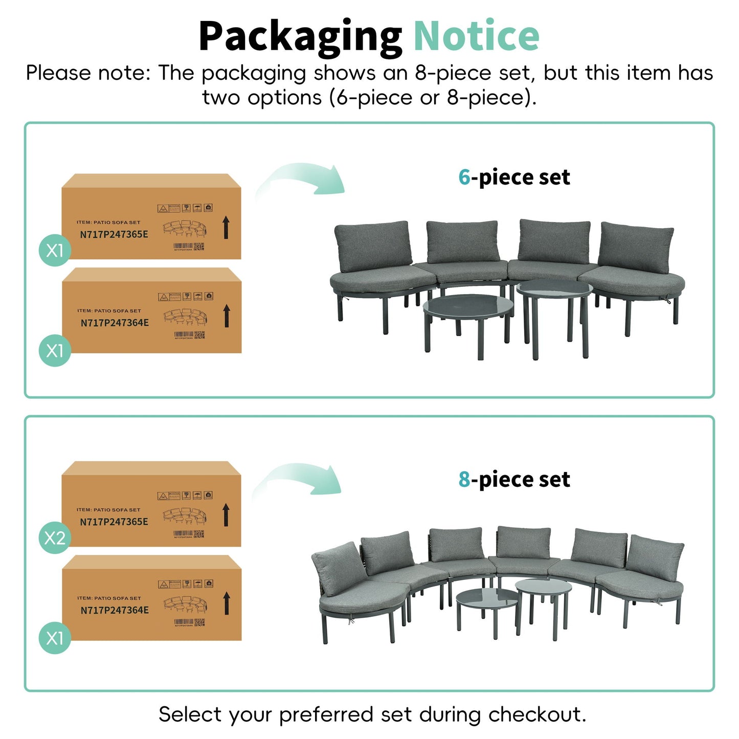 6 Piece Patio Set, Half Moon Outdoor Sectional Sofa With 2 High Low Coffee Tables, 4 Pillows & Cushions