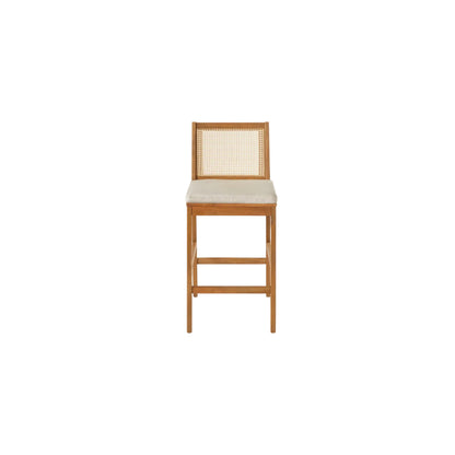 Kirkby Acacia Wood Outdoor Barstool with Woven Rattan Backrest & Cushion  Short + Clean
