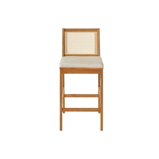 Kirkby Acacia Wood Outdoor Barstool with Woven Rattan Backrest & Cushion
