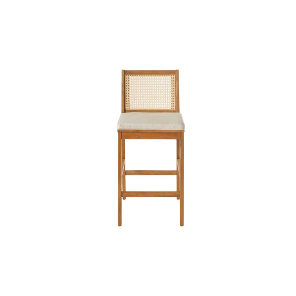 Kirkby Acacia Wood Outdoor Barstool with Woven Rattan Backrest & Cushion  Short + Clean