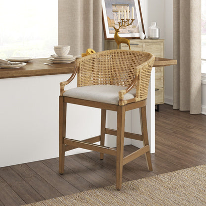 Handcrafted Natural Rattan Counter Stool – Solid Wood Legs, Cushioned Seat & Whitewash Option