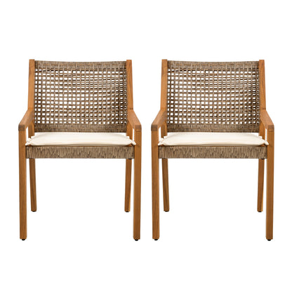 Acacia Wood & Wicker Outdoor Dining Chair Set of 4 with Cream Cushions