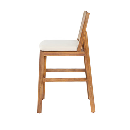 4‑Piece Acacia Wood Outdoor Bar Stool Set — Teak Finish with Woven Wicker & Cream Cushions