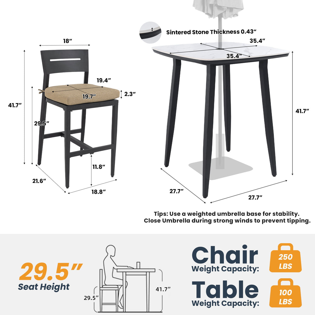 Modern Outdoor Bar Set — Sintered Stone Table, Ergonomic Bar Stools & Sunbrella® Cushions (Ember Black / Linen Sesame)