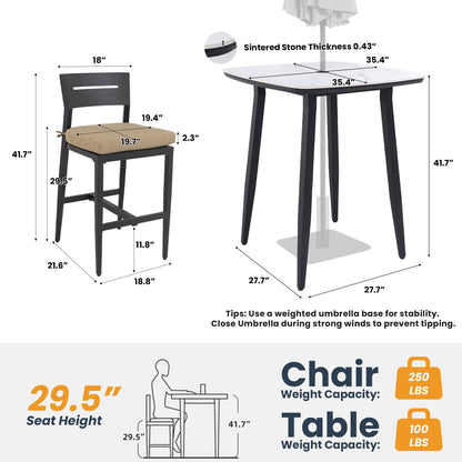 Modern Outdoor Bar Set — Sintered Stone Table, Ergonomic Bar Stools & Sunbrella® Cushions (Ember Black / Linen Sesame)