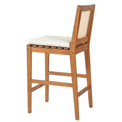 Kirkby Acacia Wood Outdoor Barstool with Woven Rattan Backrest & Cushion  Short + Clean