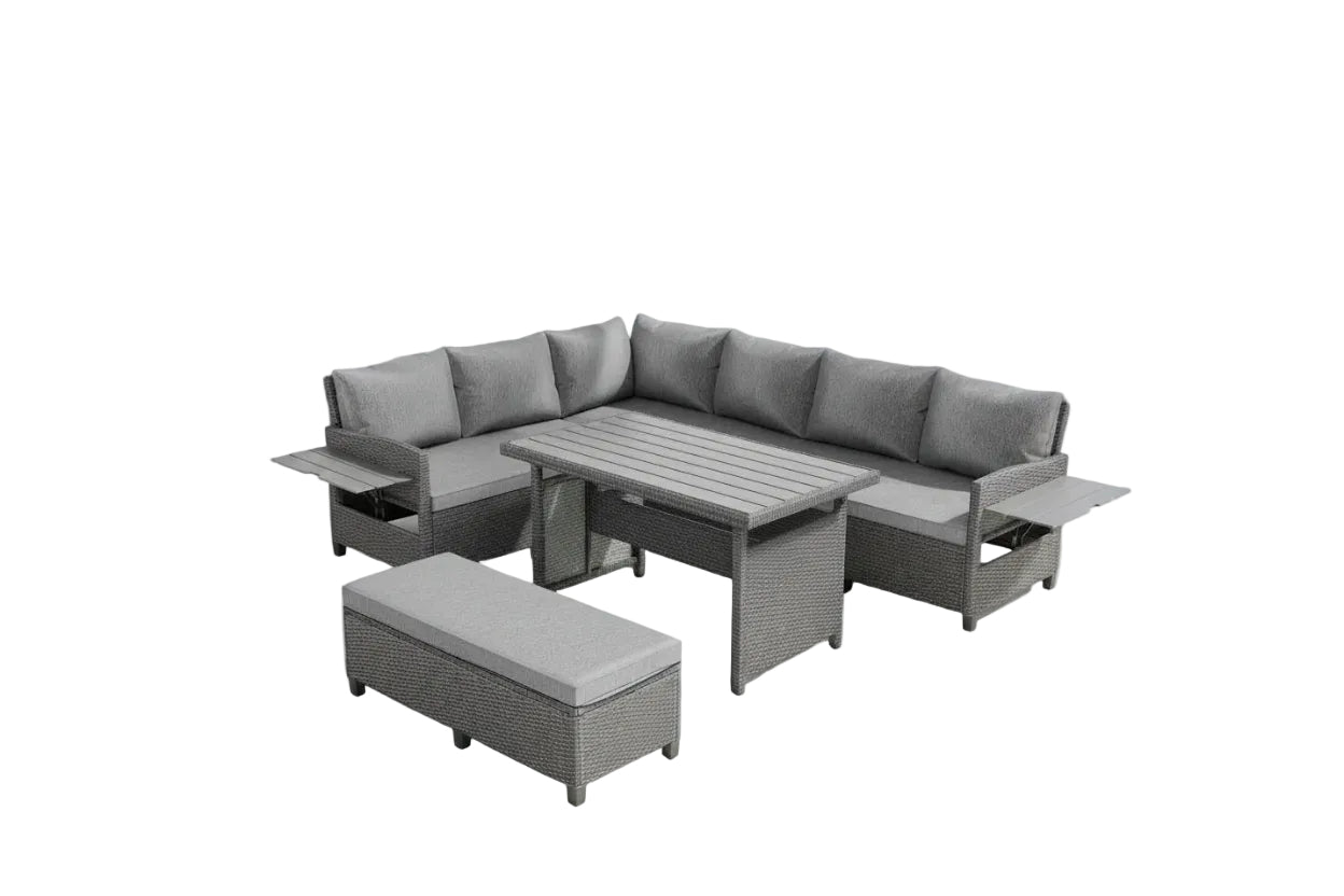 5-Piece L-Shaped Outdoor Rattan Sectional Sofa Set with Dining Table | Grey PE Wicker Patio Furniture