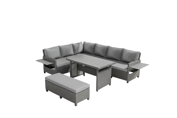 5-Piece L-Shaped Outdoor Rattan Sectional Sofa Set with Dining Table | Grey PE Wicker Patio Furniture
