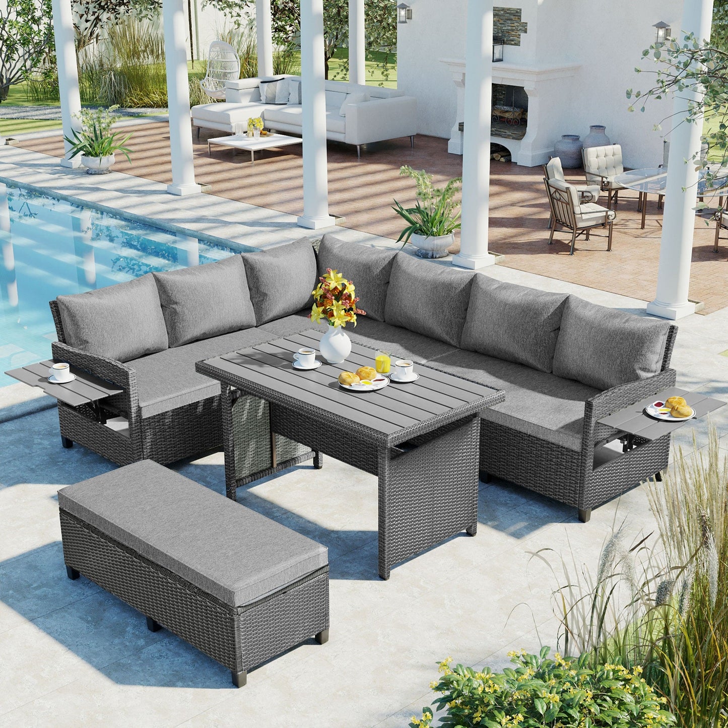 5-Piece L-Shaped Outdoor Rattan Sectional Sofa Set with Dining Table | Grey PE Wicker Patio Furniture