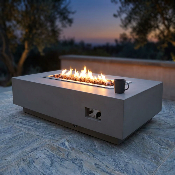 Granville Outdoor Fire Pit 60 In. X 27 In. Rectangular Concrete Propane Fire Table with Lava Rocks and Cover