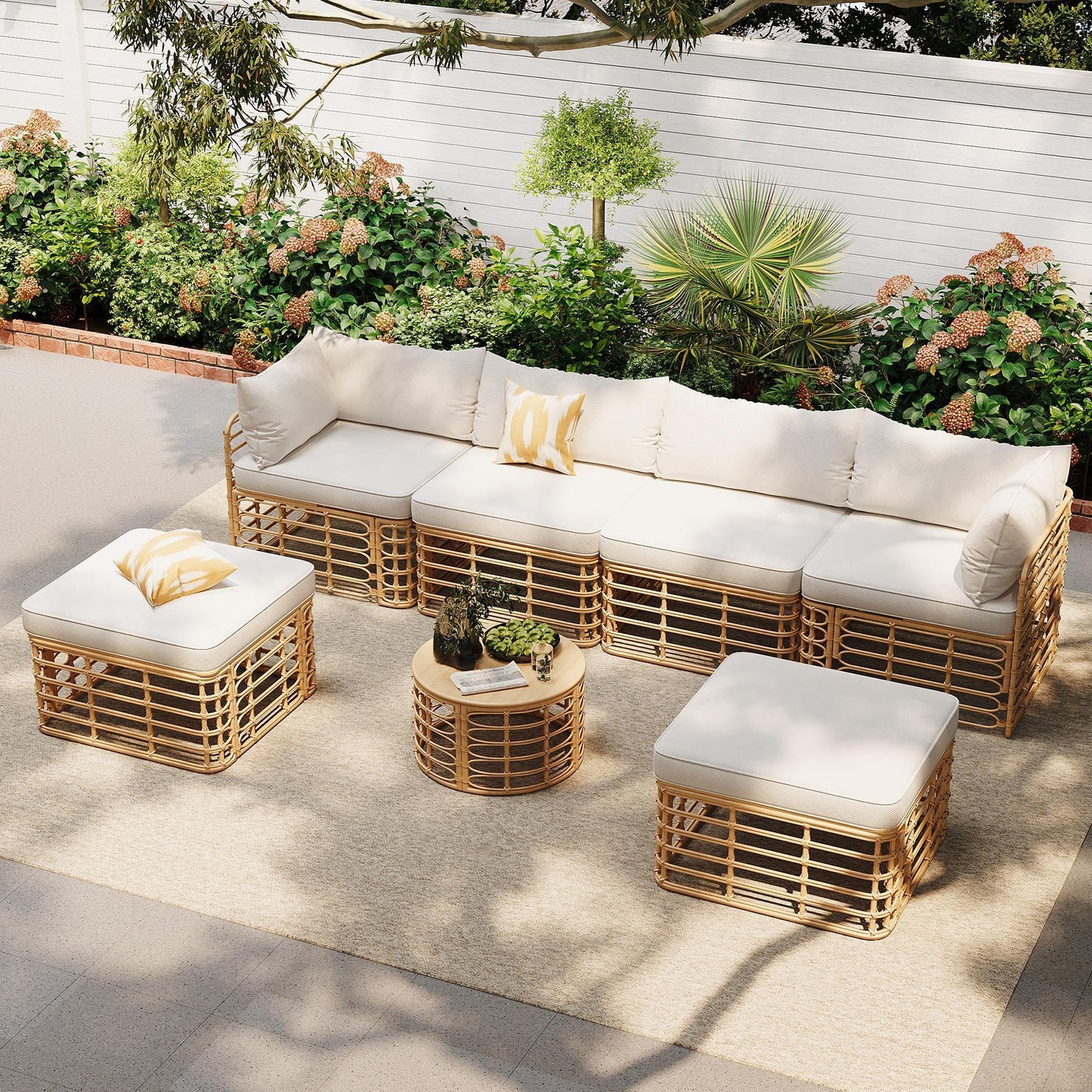 Outdoor Patio Furniture, All-Weather Rattan Sectional Sofa Set With Thick Cushions And Pillows-Beige