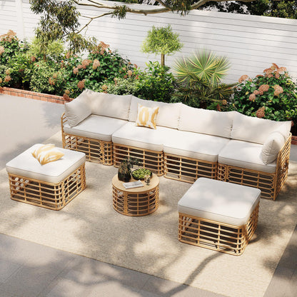 Outdoor Patio Furniture, All-Weather Rattan Sectional Sofa Set With Thick Cushions And Pillows-Beige