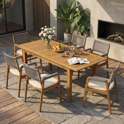 Teak‑Finish Acacia Dining Set with Rope‑Woven Armchairs (7‑Piece)