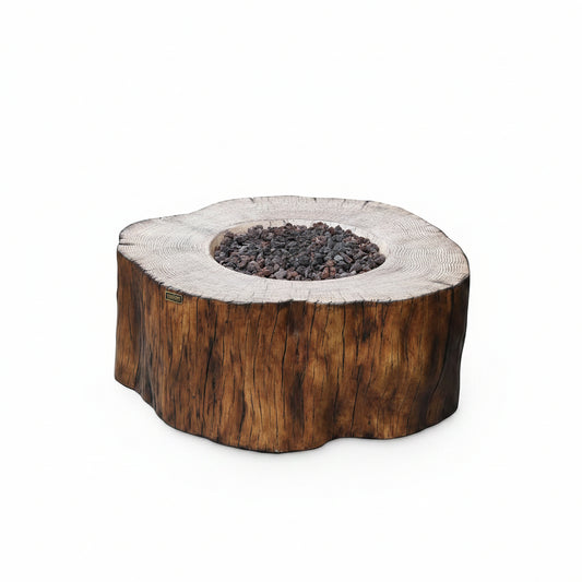 Elementi | Manchester Gas Fire Pit Cast Concrete Semi-Round Fire Table, Outdoor Fire Pit Electronic Ignition | Canvas Cover, Lava Rock Included | Red Wood (Propane Gas)