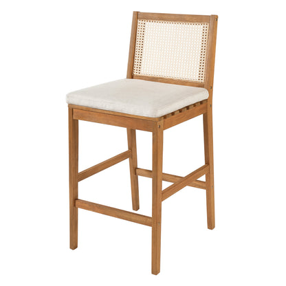 Kirkby Acacia Wood Outdoor Barstool with Woven Rattan Backrest & Cushion  Short + Clean