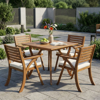 Hermosa 5‑Piece Outdoor Acacia Wood Dining Set with Water‑Resistant Beige Cushions — Teak Finish