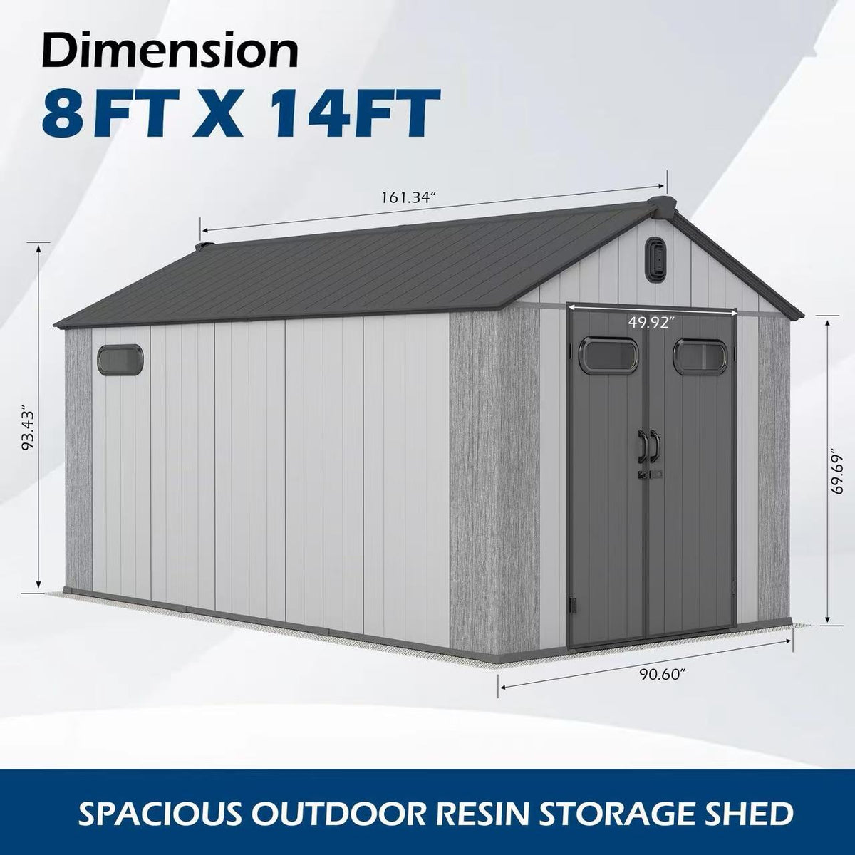 8' × 14' Outdoor Resin Storage Shed with Carpet – Gray | Weather-Resistant Garden & Backyard Storage