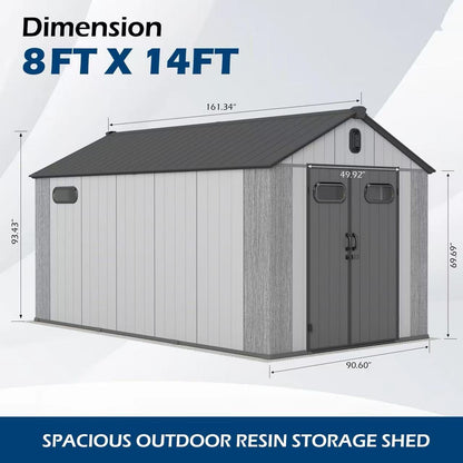 8' × 14' Outdoor Resin Storage Shed with Carpet – Gray | Weather-Resistant Garden & Backyard Storage