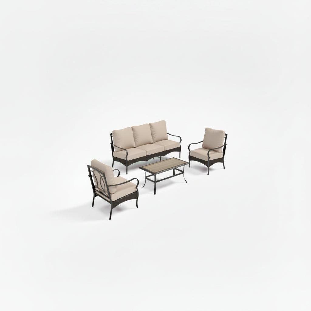 Outdoor Modern Patio Furniture Set, Upgraded Wicker & Metal Patio Furniture Conversation Set with Waterproof Thick Cushions for Porch, Poolside, Yard (4 Pieces,Beige)