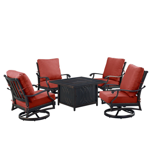 5-Piece Aluminum Fire Pit Conversation Set – 42" Fire Table & 4 Swivel Rocking Chairs