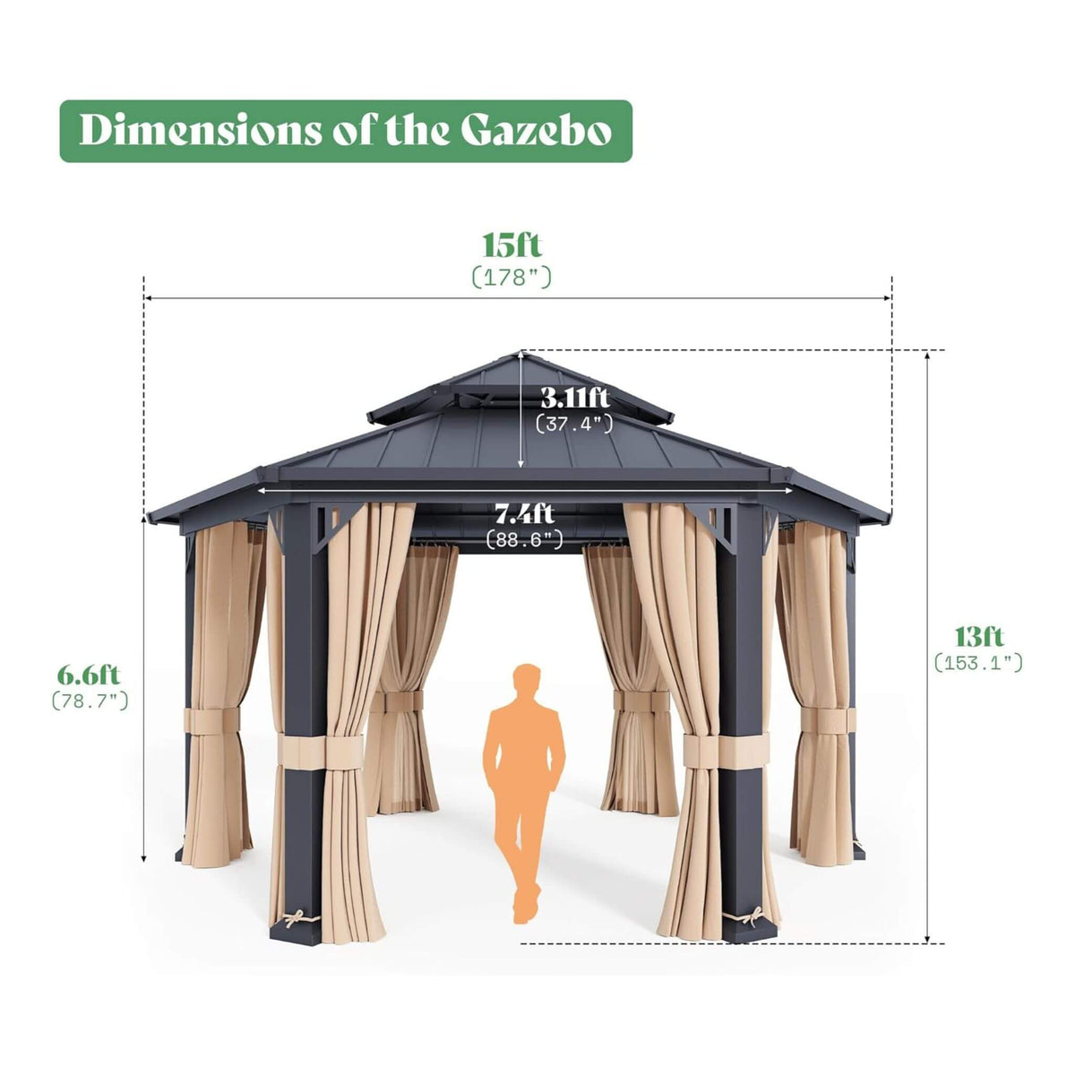 Double‑Tier 13×15 ft Hardtop Gazebo — Hexagonal Design with Curtains