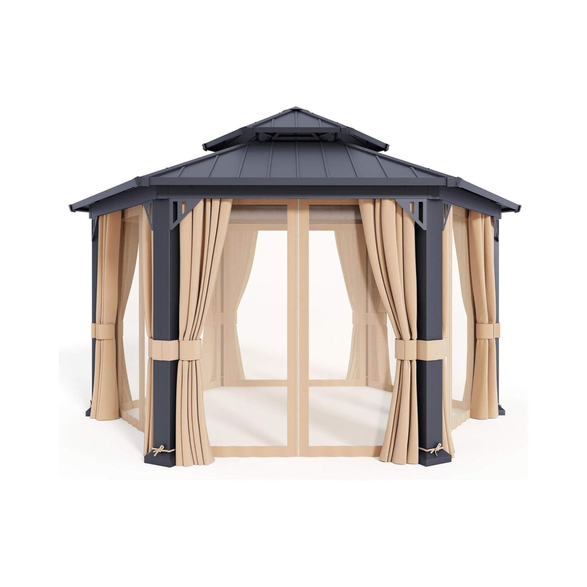 Double‑Tier 13×15 ft Hardtop Gazebo — Hexagonal Design with Curtains