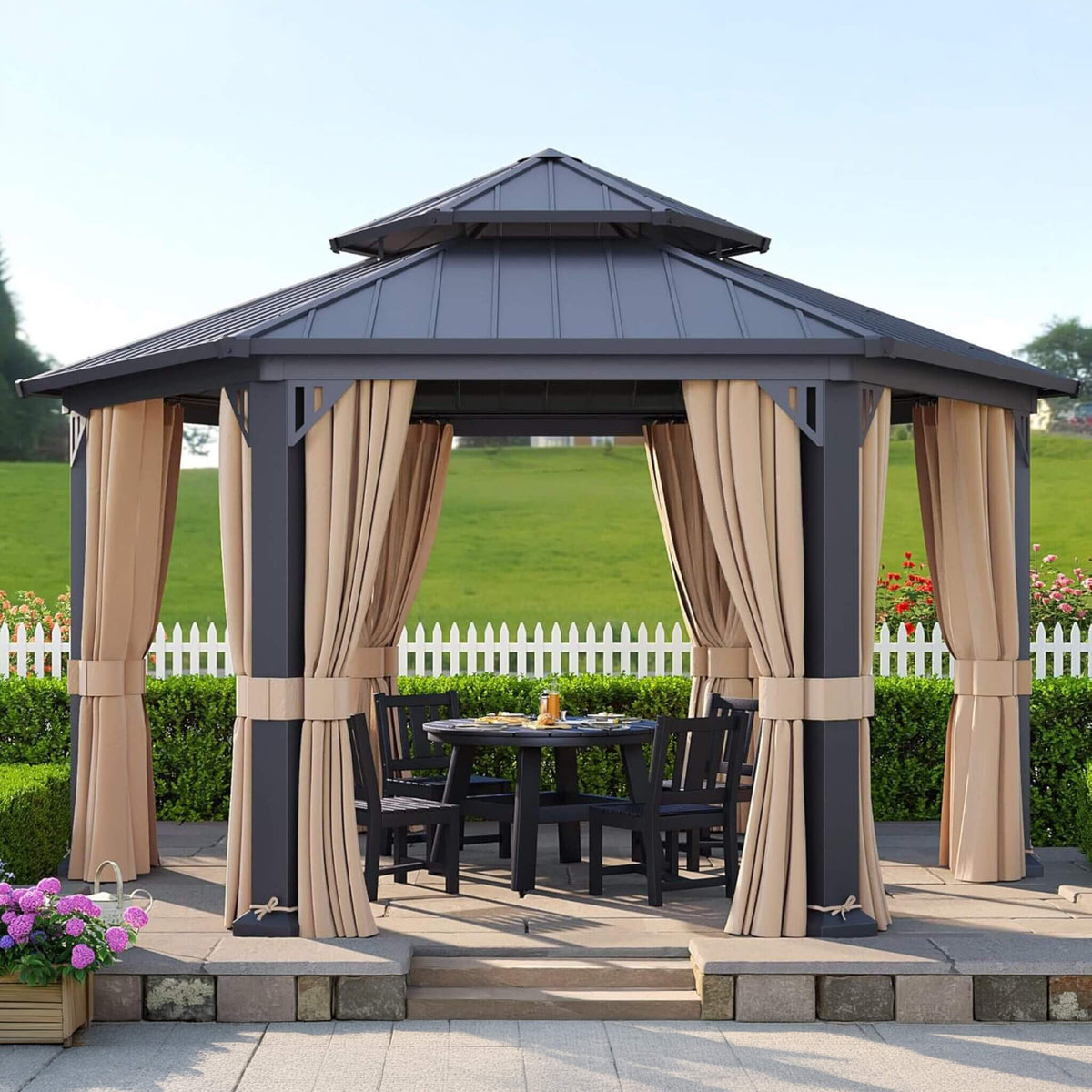 Double‑Tier 13×15 ft Hardtop Gazebo — Hexagonal Design with Curtains