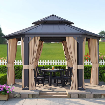 Double‑Tier 13×15 ft Hardtop Gazebo — Hexagonal Design with Curtains