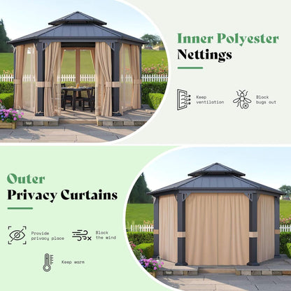 Double‑Tier 13×15 ft Hardtop Gazebo — Hexagonal Design with Curtains