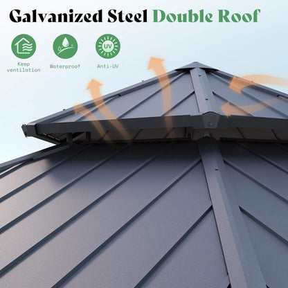 Double‑Tier 13×15 ft Hardtop Gazebo — Hexagonal Design with Curtains
