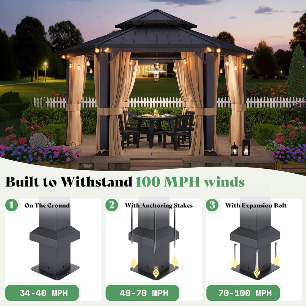 Double‑Tier 13×15 ft Hardtop Gazebo — Hexagonal Design with Curtains