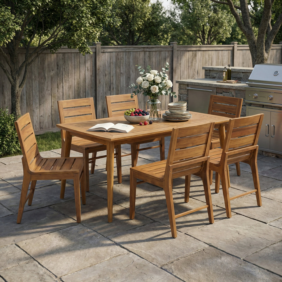 Outdoor Acacia Wood Dining Set with 71" Teak‑Finish Table & Slatted Back Chairs – 7‑Piece