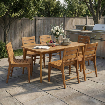 Outdoor Acacia Wood Dining Set with 71" Teak‑Finish Table & Slatted Back Chairs – 7‑Piece