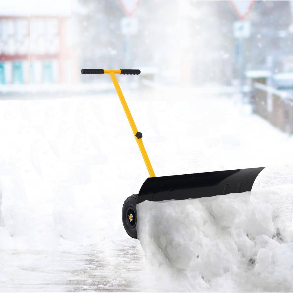 15 In. Steel Angle-Adjustable Handle Steel Heavy-Duty Snow Shovel Rolling Pusher with 29 In. Blade, 10 In. Wheels
