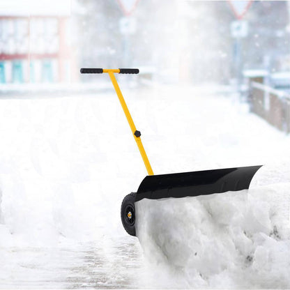 15 In. Steel Angle-Adjustable Handle Steel Heavy-Duty Snow Shovel Rolling Pusher with 29 In. Blade, 10 In. Wheels
