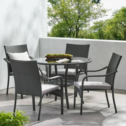5‑Piece Outdoor Rattan Dining Set – Faux Rattan Table & 4 Arm Chairs with Water‑Resistant Cushions