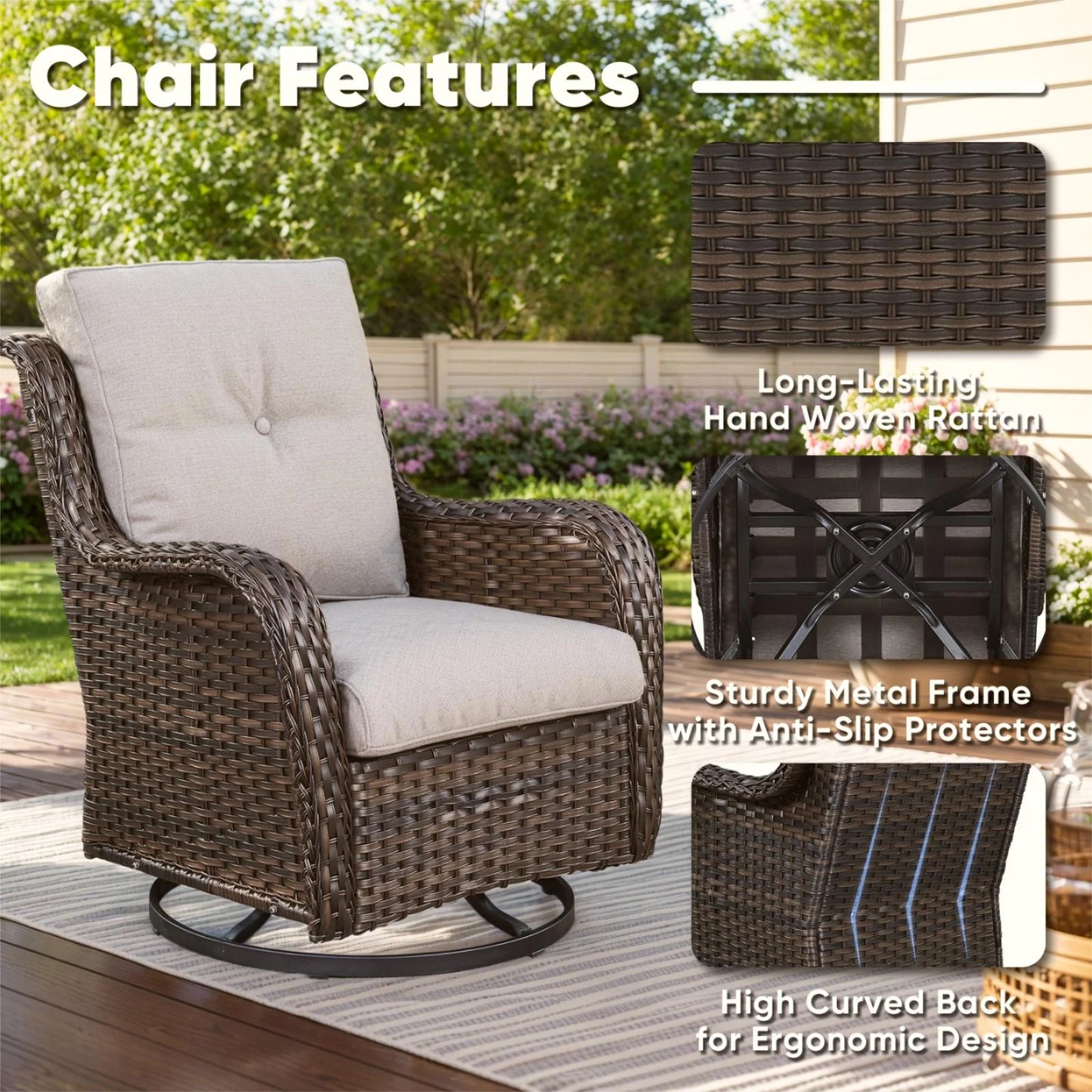 5-Piece High Back Outdoor Wicker Conversation Set with Swivel Chairs, Ottoman & 50,000 BTU Fire Pit Table - Patio Furniture Set for Deck, Porch, Poolside